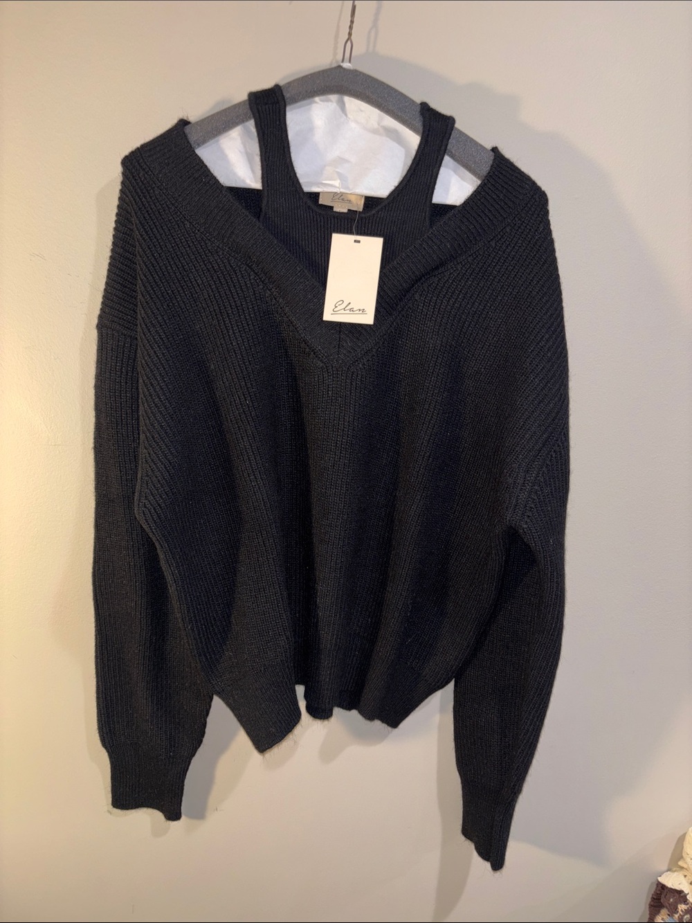 NWT Elan Black V-Neck Ribbed Sweater with built in tank oversized